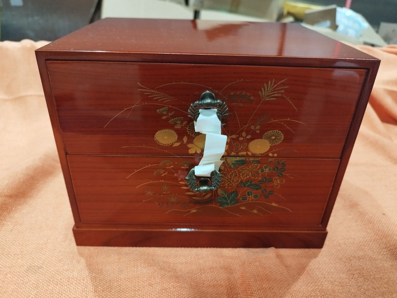 美品】会津塗 木地呂 二段小引き出し（秋草蒔絵）天然木