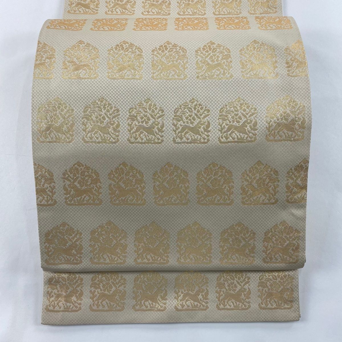 袋帯 龍村美術織物 落款 龍村錦 花兎瓦燈文 ベージュ 全通 正絹