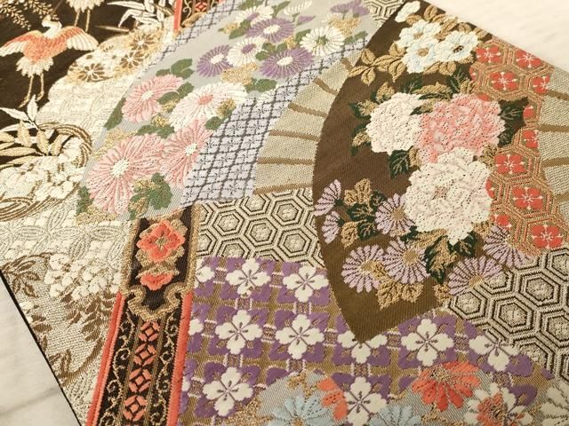 平和屋着物◎六通柄袋帯 扇面花鳥文 珀綾錦 本金二重箔 金糸