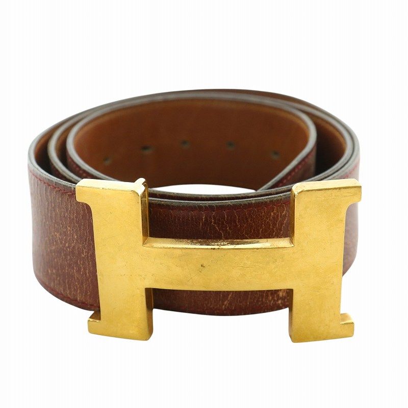 エルメス HERMES ベルト レザー ロゴ H ゴールド金具 茶