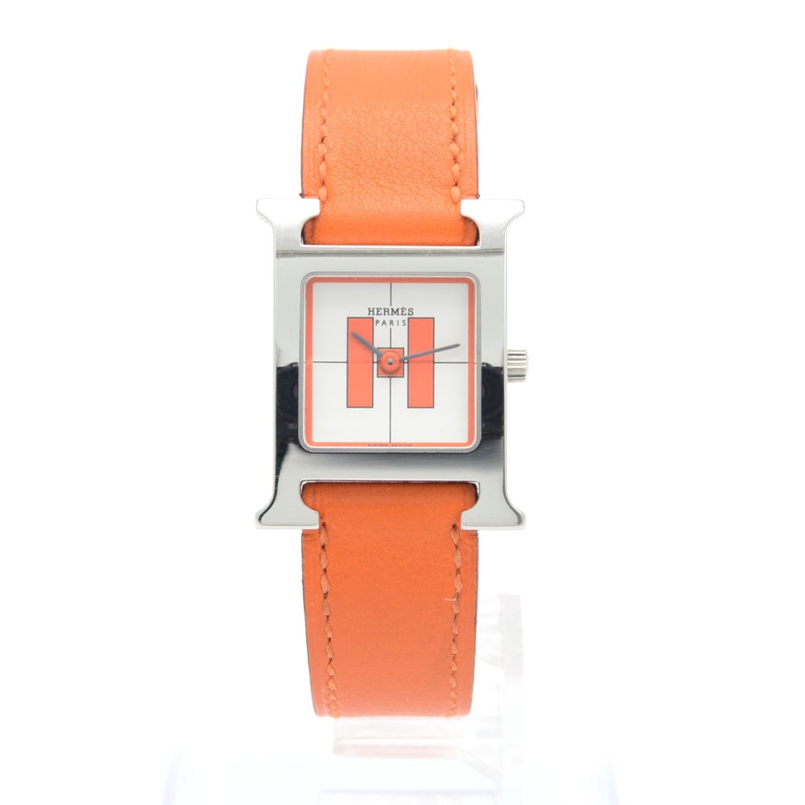【HERMES】Hウォッチオレンジレザー スクエア時計 HERMES】Hウォッチオレンジレザー スクエア時計