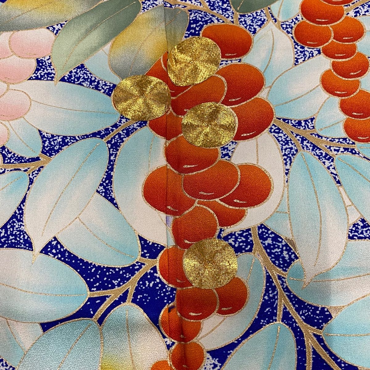 振袖 身丈162cm 裄丈65.5cm M 袷 葉と実 金糸 金彩 青 正絹 秀品
