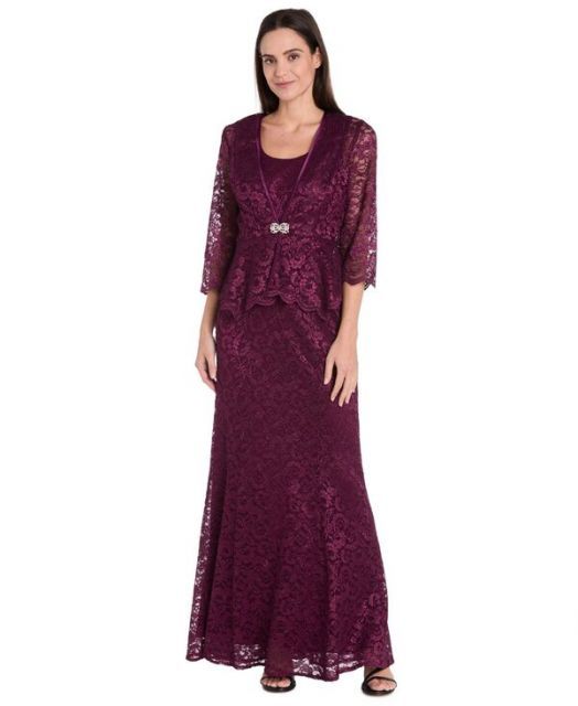 送料無料 アールアンドエムリチャーズ レディース ワンピース トップス Petite 2-Pc. Metallic-Lace Gown - Jacket Set Wine