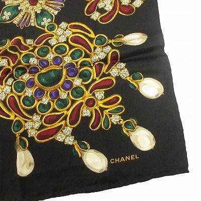 シャネル CHANEL グリポア スカーフ 大判 シルク ジュエリー柄 宝石 黒 ブラック 小物 AA