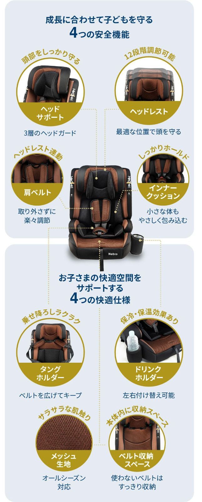 ロングユース 保温保冷ドリンクホルダー付き　ジュニアシート R129対応 1歳から12歳 ロングユース 保温保冷ドリンクホルダー付き