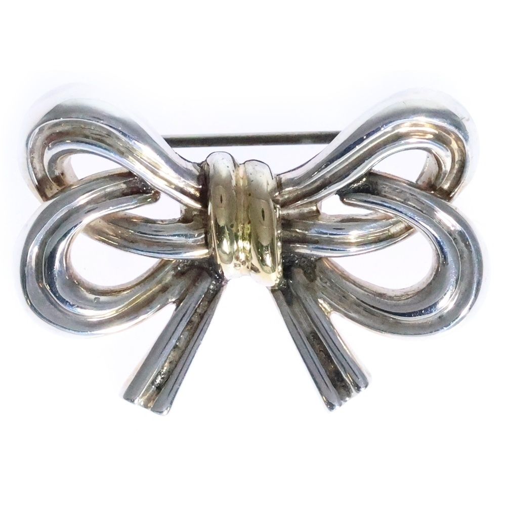 TIFFANY-Co ティファニー リボンモチーフ ブローチ ピンバッジ シルバー×ゴールド