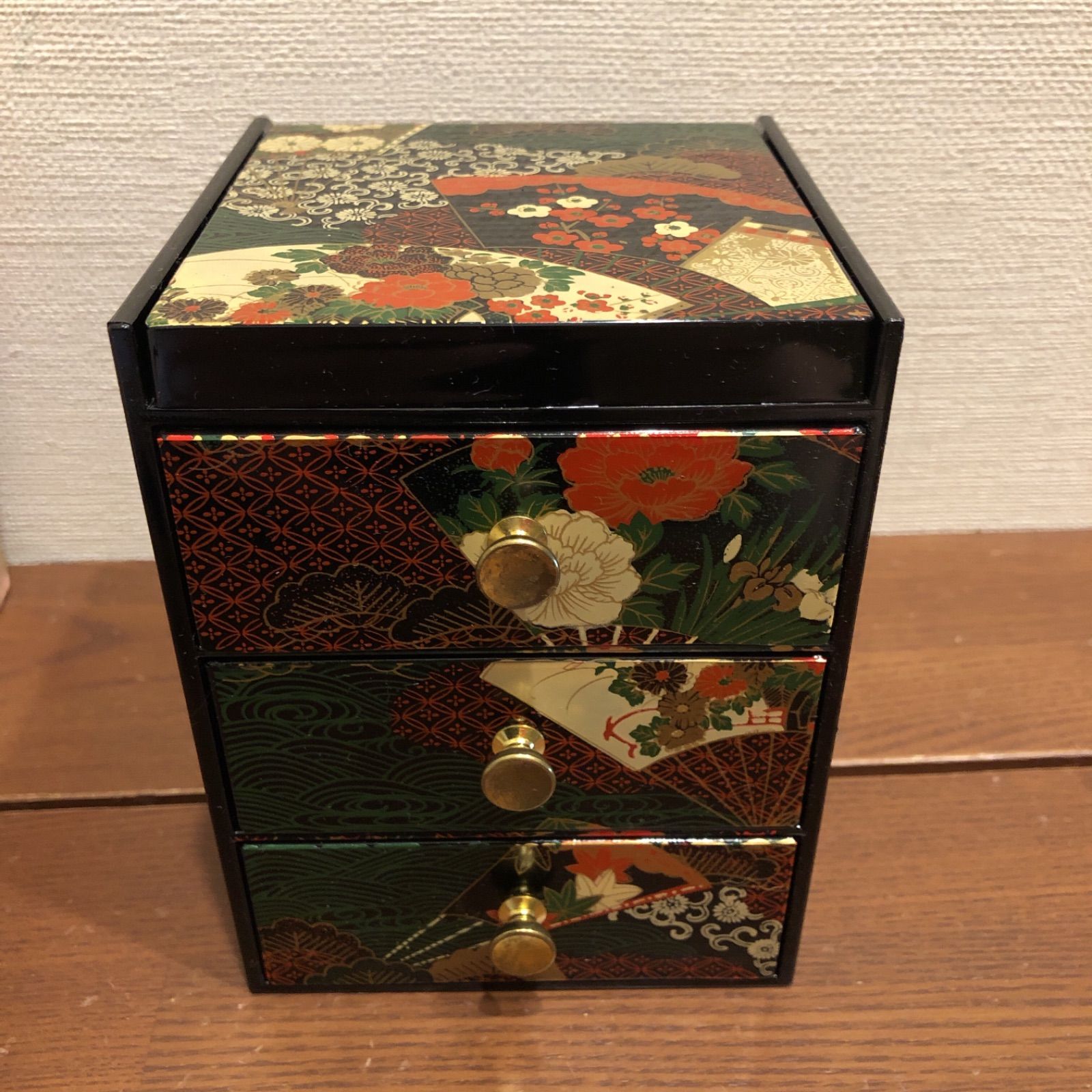 鏡付 三段引出し小物入れ 和風小物 アクセサリー ミニチェスト