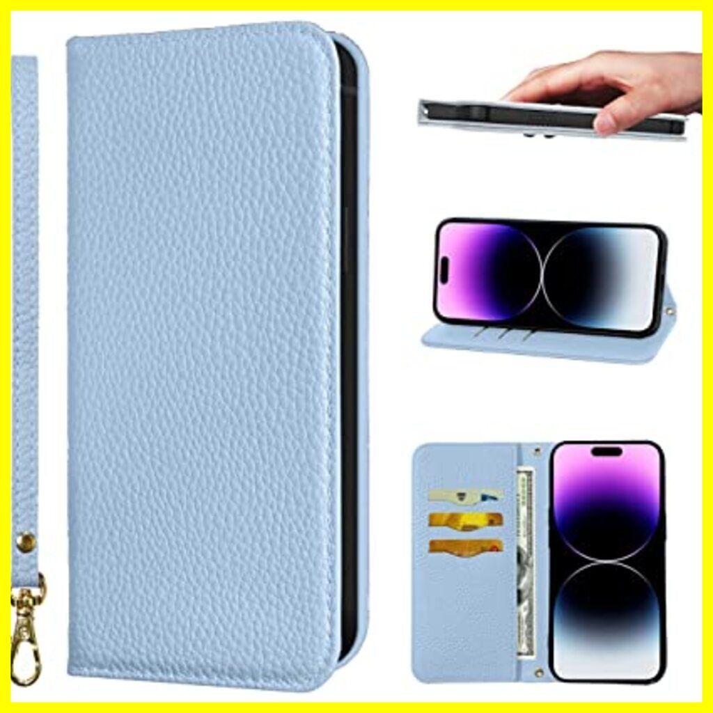 iPhone 14 Pro Max ケース 手帳型 超繊皮 RFIDト 財布型 カバー 手帳型 耐衝撃 保護カバー 内蔵マグネット携帯カバー  カードポケット スタンド機能 リストバンド ライトブルー 色: ライトブルー