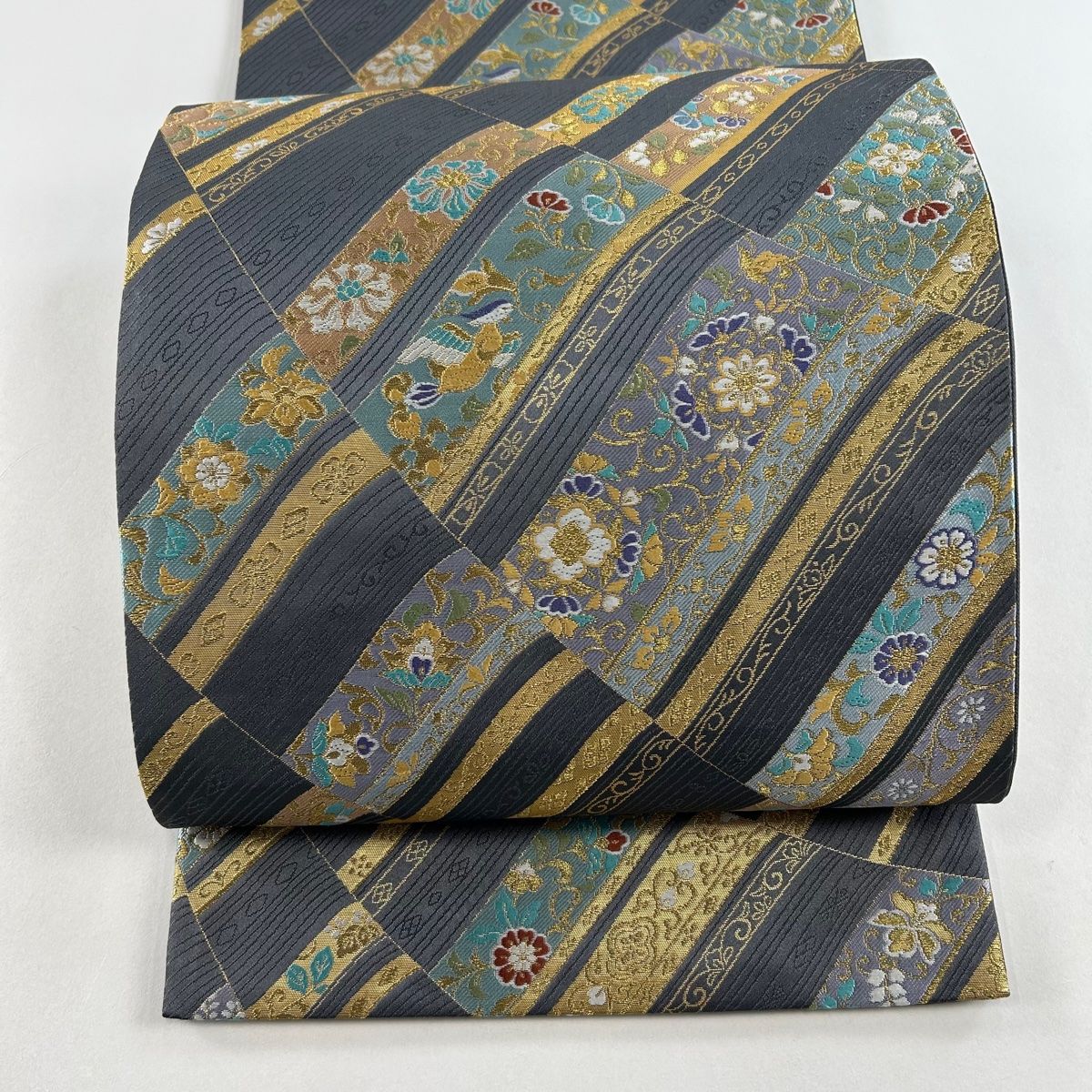 袋帯 美品 秀品 花唐草 鳥 金糸 箔 灰色 六通 正絹 【中古