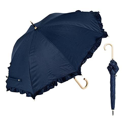 Navy Waterfront 長傘 日傘兼用雨傘 Denim Frill Parasol Navy 50cm UV