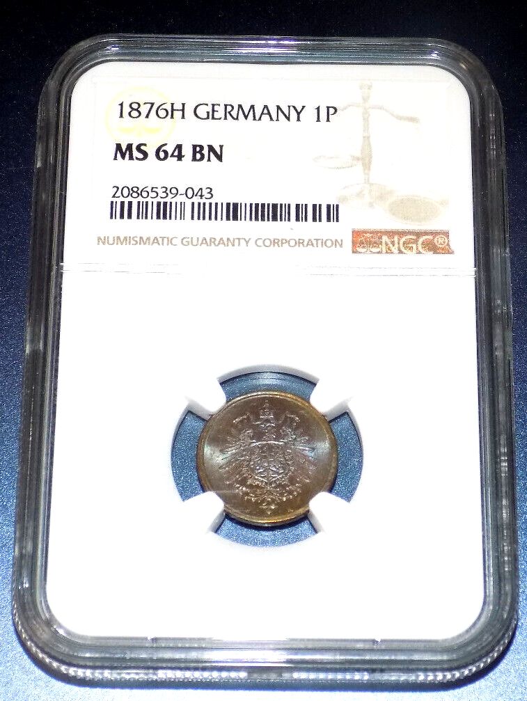 1876 H Germany 1 Pfennig NGC MS64BN KM 1 German Certified MS 64 UNC COIN