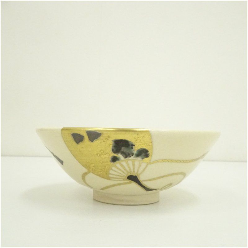 鳴滝窯 橋本城岳作 仁清写扇子松竹梅文 香合 茶道具 共箱 AT314 NT1