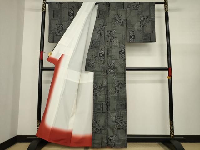 平和屋着物○本場大島紬 一元絣 色紙重ね花文 黒地 正絹 逸品