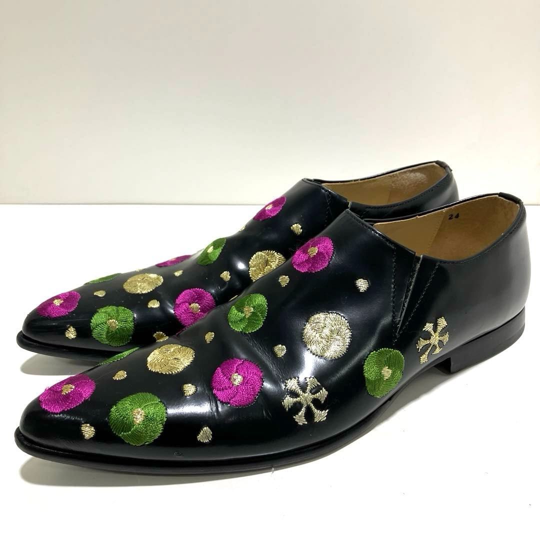 コムデギャルソン COMME des GARCONS 花刺繍 ポインテッドトゥ レザー 