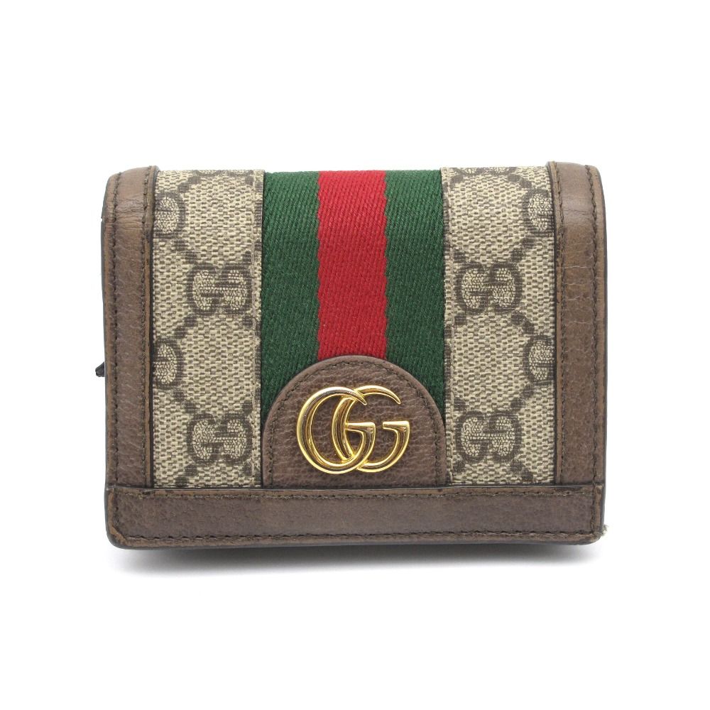 GUCCI グッチ オフィディア GGスプリーム ウォレット 523155 二つ折り財布 コンパクト ミニ ウェブリボン PVC レザー ブラウン