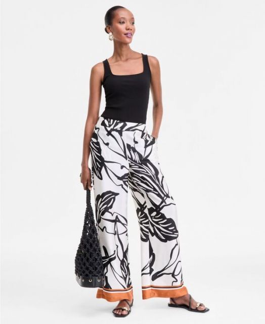 【送料無料】 アイ.エヌ.シー インターナショナル コンセプト レディース カジュアルパンツ ボトムス Petite Printed High Rise Wide-Leg Pants Sira Border