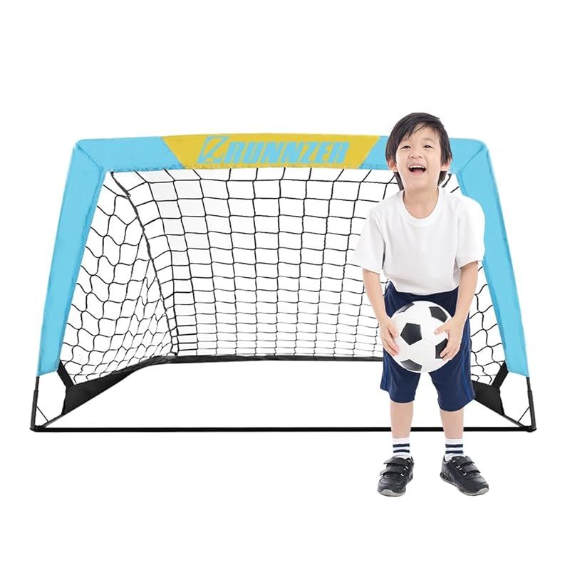 L RUNNZER サッカーゴール 子供用、サッカーゴール 折畳み 室内 屋外に適用可能な折りたたみポータブルサッカーゴール フットサル用ゴール収納バッグ付き みずいろ サイズ:100cm×67cm 0