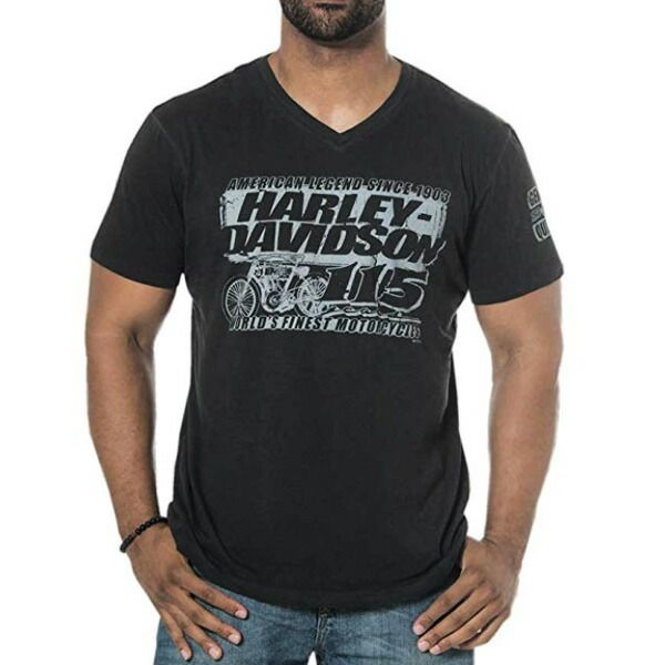 ハーレーダビッドソン 半袖 Tシャツ 115周年 記念ロゴ入り Vネック Tシャツ Sサイズ(日本規格のMサイズ相当)/Mサイズ(日本規格のLサイズ相当) ブラック