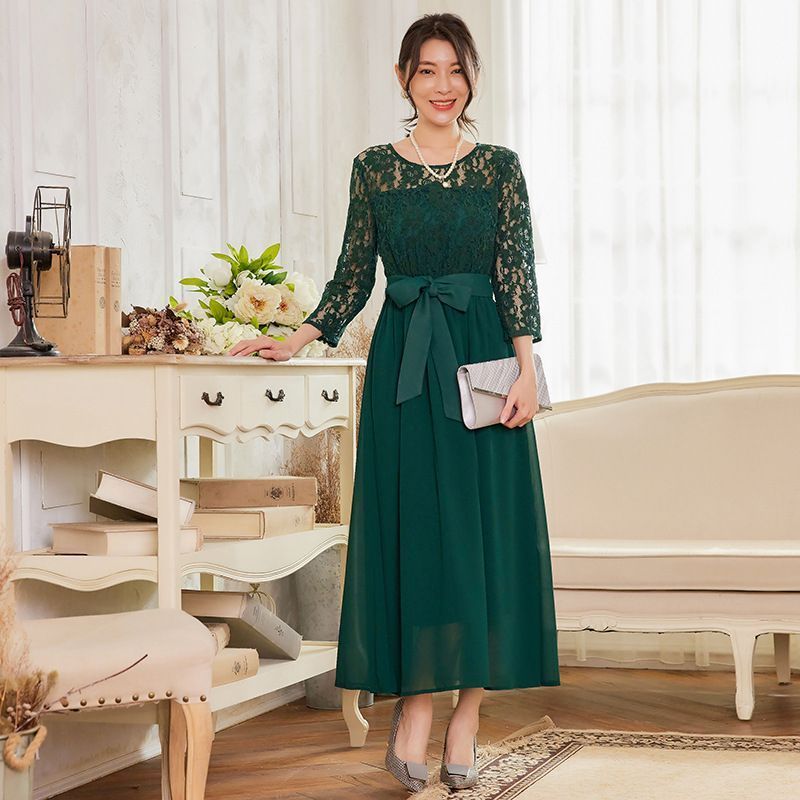 総レース パーティードレス レディース ロング丈 ハイネック フォーマル レース袖 七分袖 袖あり お呼ばれ 春夏 大きいサイズ