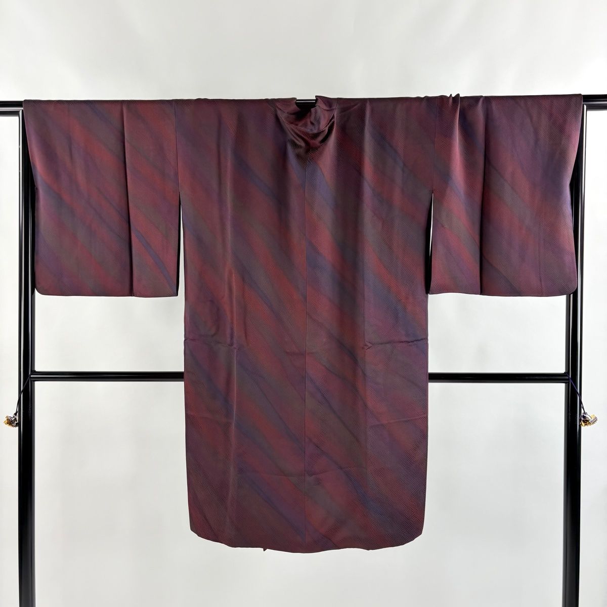 道中着 身丈104cm 裄丈70cm L 斉藤三才 和装コート 着物衿 リバーシブル 落款 斜縞 茶紫 正絹 名品