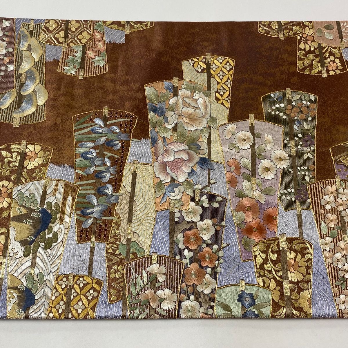 袋帯 すくい織 変わり織 金糸 ブラウン 草花 カジュアル 中古 kp1756 袋帯 すくい織 変わり織 金糸 ブラウン 草花 カジュアル 中古