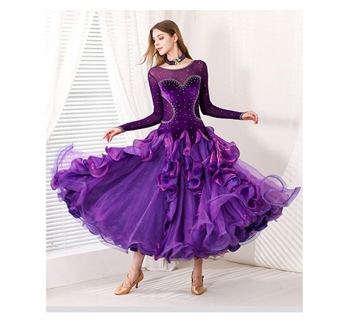 社交ダンスドレス モダンドレス パープル 社交ダンス衣装 社交ダンス ドレス 衣装 長袖 大きい裾 スタンダードドレス ワルツダンス ステージ衣装 ダンス衣装 ダンスウェア 競技会 パーティー 発表会 競技着 練習着 舞台 演奏会 演出