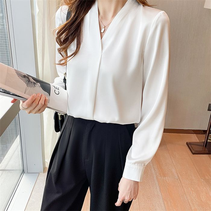Vネック ブラウス レディース シャツ 長袖 春秋 スーツインナー ビジネス オフィス 通勤 OL 事務服 トップス スリム パフスリーブ シャツ ブラウス Vネック 長袖シャツ レディース トップス