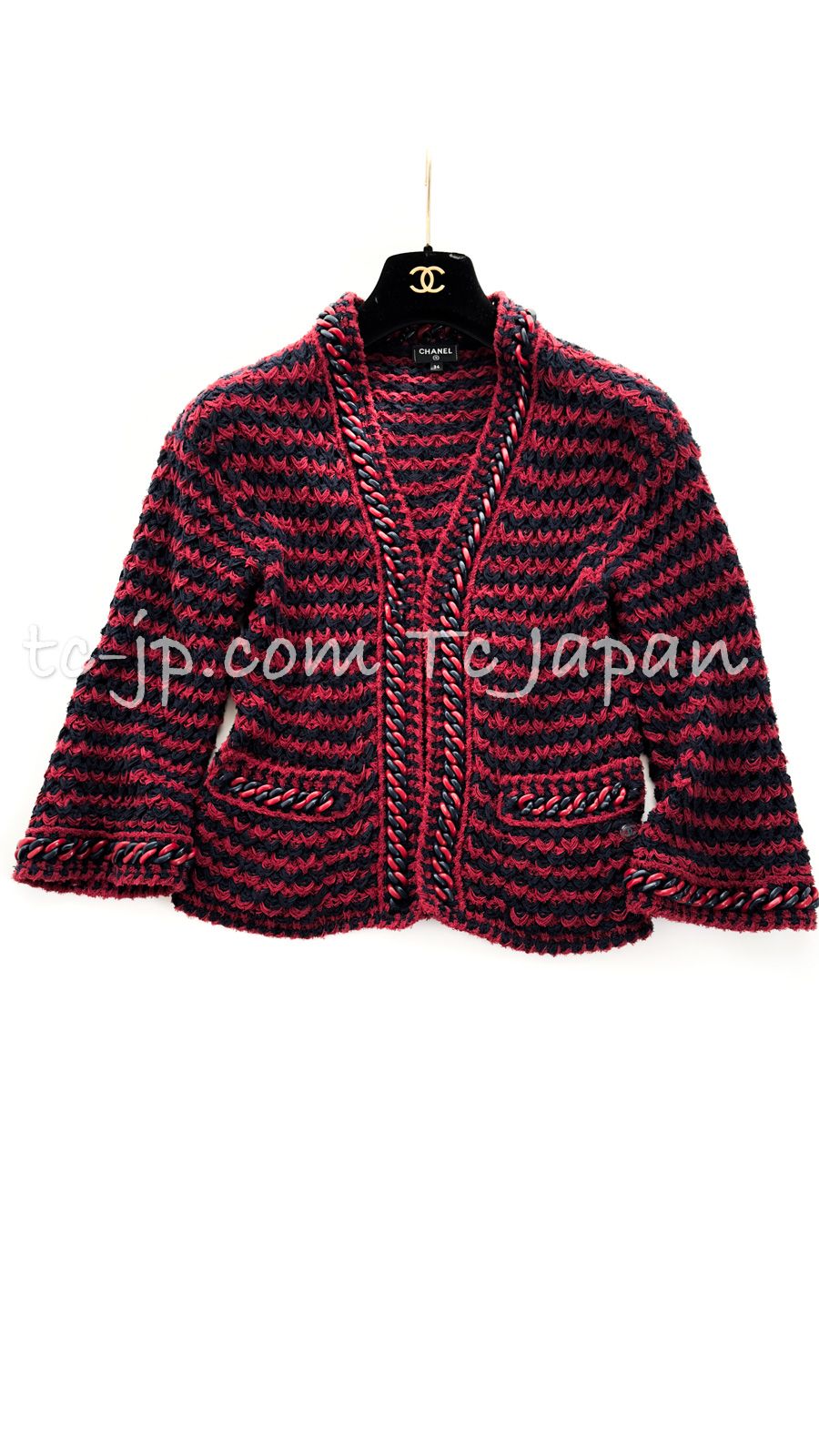 CHANEL - シャネル CHANEL・レッド ネイビー ストライプ・ おしゃれ チェーントリム・柔らか 美人見え ニット・ジャケット カーディガン 36 38 シャネル カーディガン CHANEL レッド ネイビー ストライプ