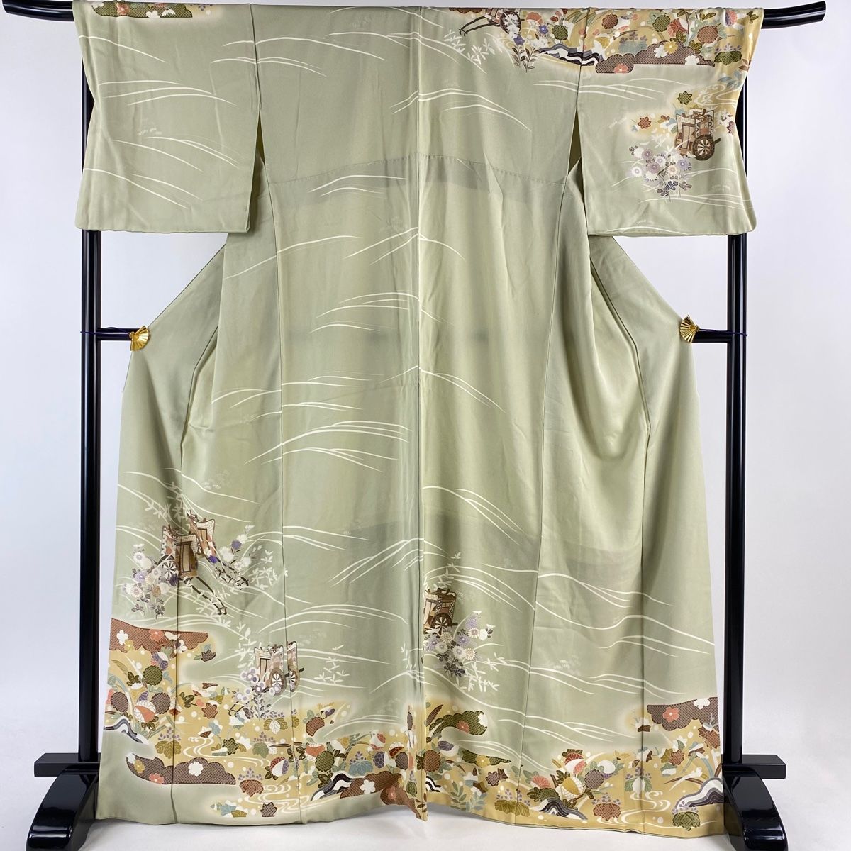 訪問着 身丈165cm 裄丈70cm L 袷 御所車 草花 金彩 刺繍 薄緑 正絹 秀  