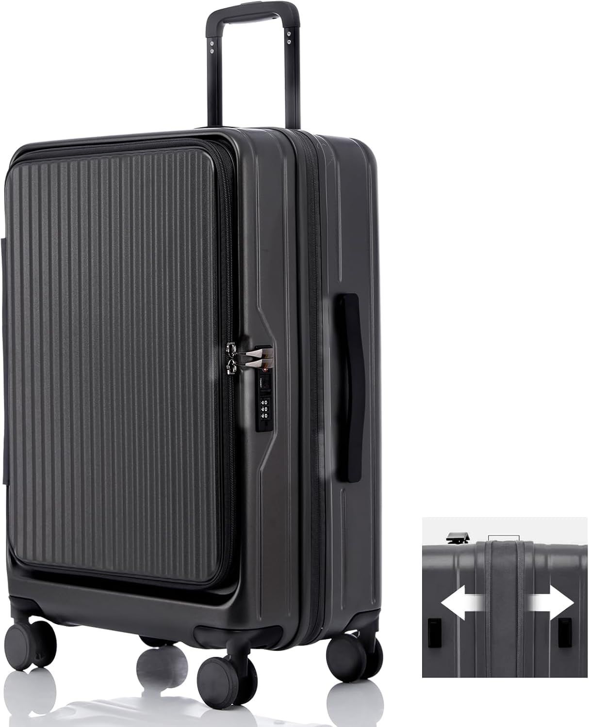 商品 ビジネス 横開き キャリーバッグ 出張 TSAロック カップホルダー付き 1-3泊 ファスナータイプ 超軽量 39l 47リットル 機内持ち込み 大容量 ダークブラック フロントオープン 拡張機能付き Sサイズ ハード 片開き 35 23 55cm