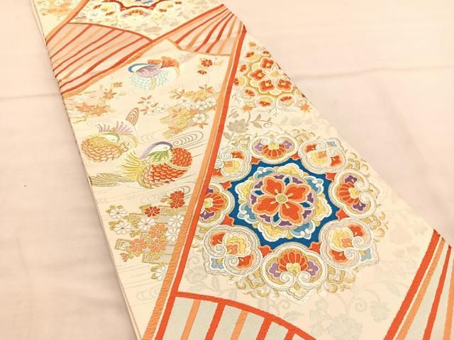 平和屋着物◎六通柄袋帯 唐織 繍扇瑞兆文 金銀糸 正絹 逸品