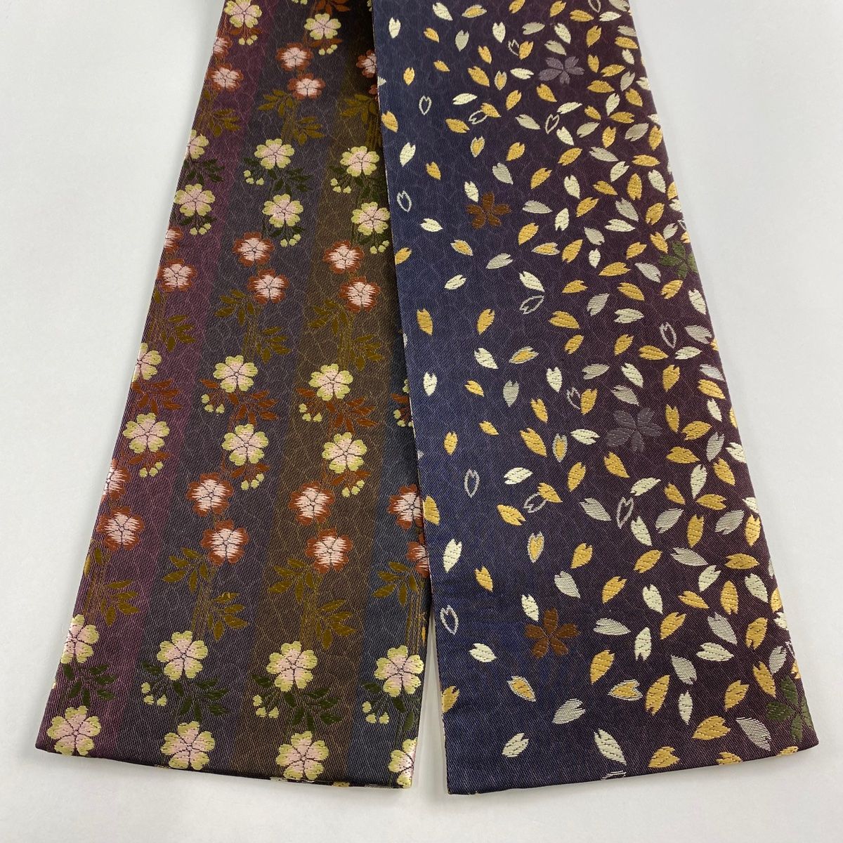 半幅帯 秀品 桜 桜の花びら 唐織 箔 濃紫 正絹