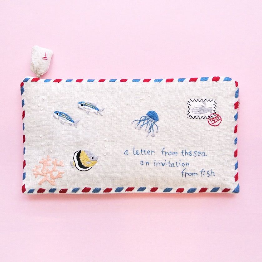 ポーチ エアメール 海からの手紙 ハンドメイド 手刺繍 魚-0
