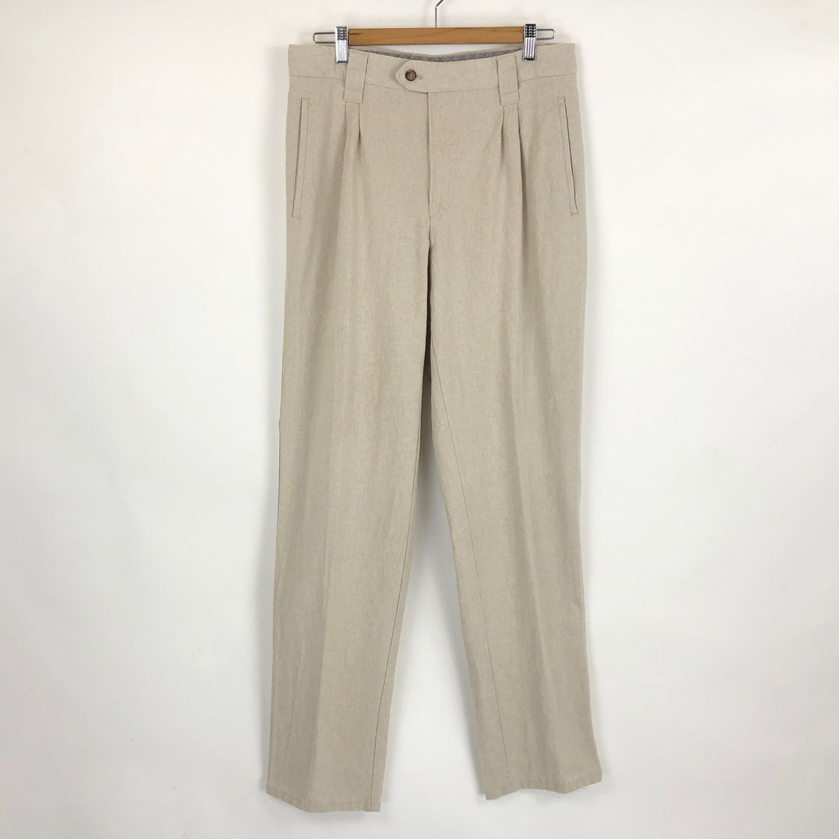 【古着】 HINRICHS リネンパンツ ツータック テーパード ベージュ系 メンズW32 【中古】 n025773