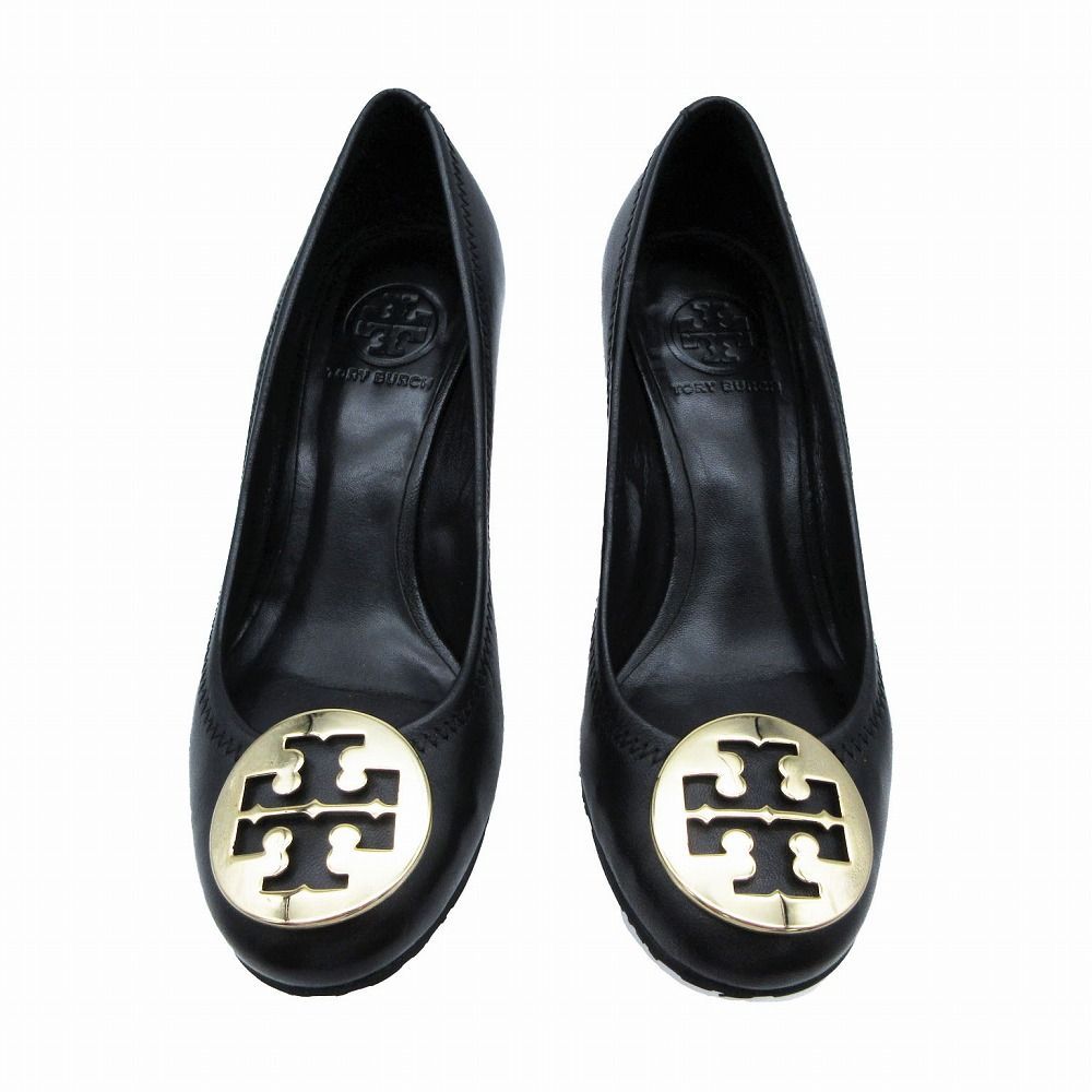 【トリーバーチ】パンプス　ウェッジソール　ロゴ　金具　シボ革　黒　24㎝ トリーバーチ TORY BURCH ウエッジソール パンプス ブラック