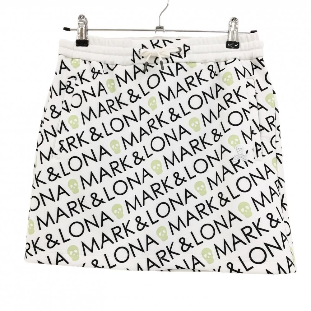 価格 マークアンドロナ スカート 白×黒 斜めロゴ総柄 スカル ウエストゴム レディース 38 M ゴルフウェア モデル MARK＆LONA