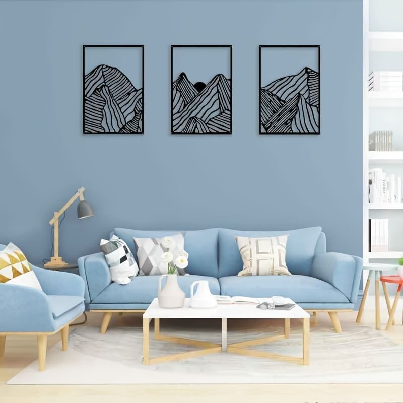 アート ウォールアート 3個セット ミニマリスト山の風景メタルウォールアート 正方形中空パネル モダン 家の装飾 リビングルーム 寝室 オフィス サンセット 芸術的な吊り下げ装飾 部屋の装飾 ブラック