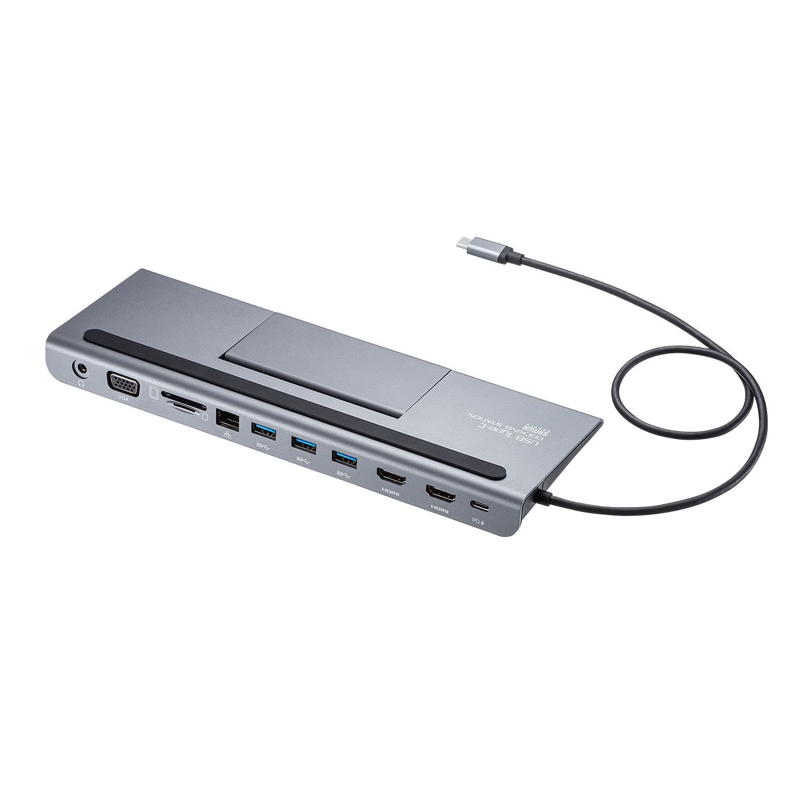 サンワサプライ ドッキングステーション/ハブ USB Type-C接続 (HDMI/VGA出力対応) Type-C メス×1(PD3.0・充電専用)/USB Aコネクタ メス×3・3.5mmステレオミニジャック×1・microSDスロット×1・SDカードスロ