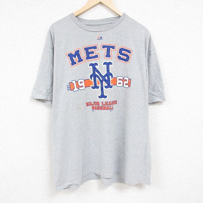 XL/古着 マジェスティック 半袖 Tシャツ メンズ MLB ニューヨークメッツ 大きいサイズ クルーネック グレー 霜降り メジャーリーグ ベース