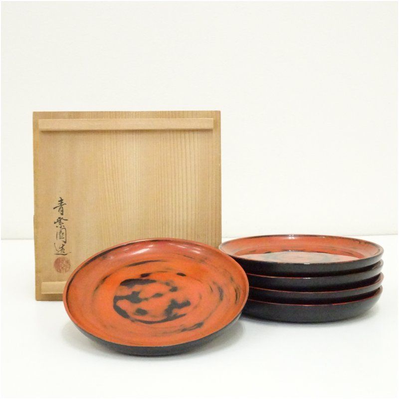 根来塗 青紫園造 漆塗銘々皿5客 共箱 茶器 菓子器 おしゃれ 和菓子 干菓子 主菓子 茶道 茶道具 お茶 小皿 骨董 茶会 抹茶 プレート