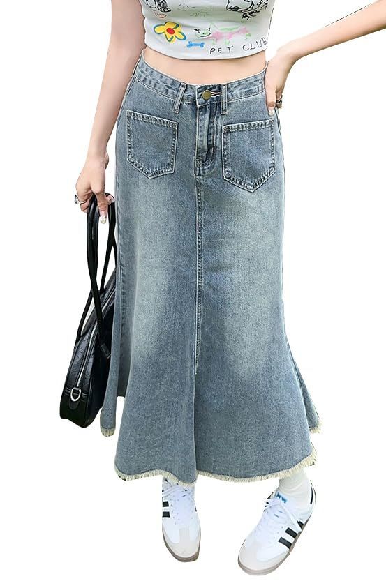 Size:M_Color:ブルー [PTORGE] デニムスカート レディース