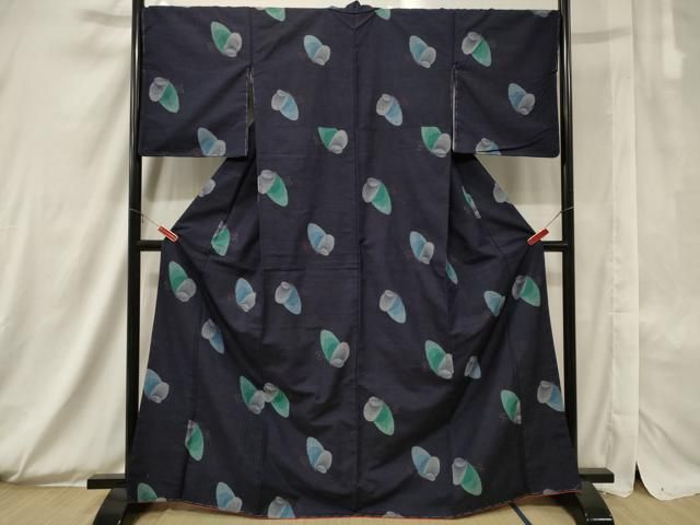 平和屋着物＃道中着 市松扇面花蝶文 ロング丈 正絹 逸品 CAAR9128id