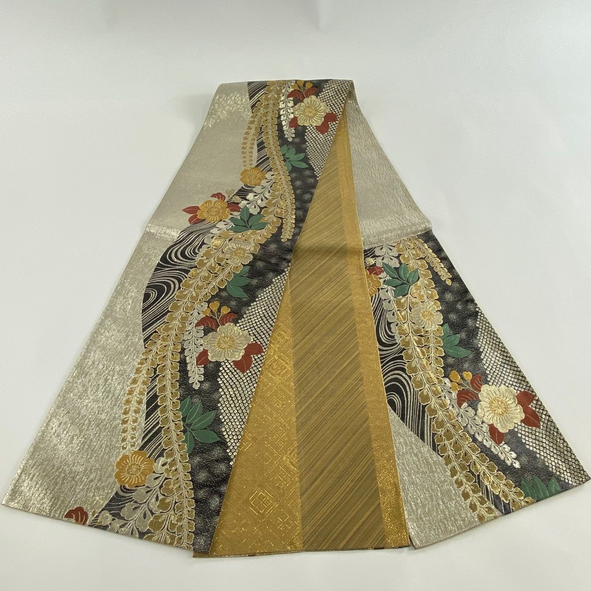 美品】 袋帯 秀品 辻が花柄 流水 金銀糸 箔 銀色 六通 正絹 【中古