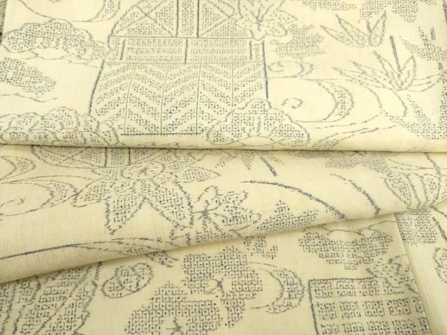 平和屋着物○小千谷紬 草花文 正絹 逸品 AABA0255zg