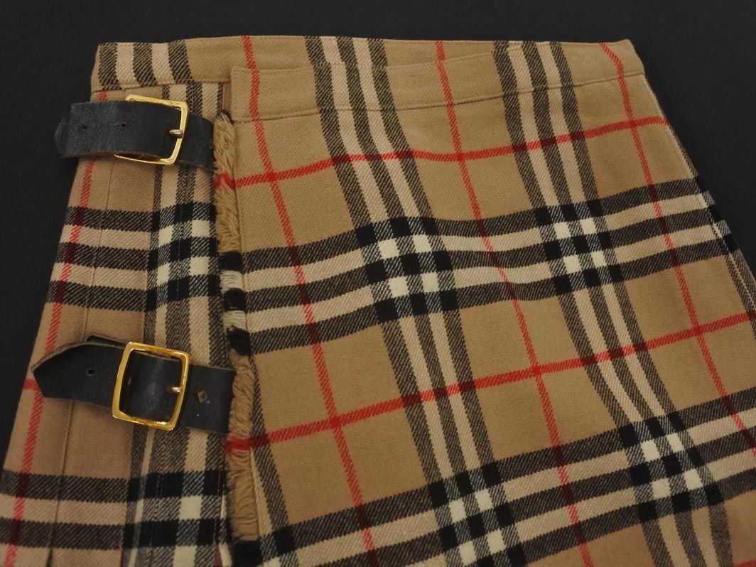 burberrys バーバリーズ ヴィンテージ ウール ノバチェック フリンジ 巻き ラップ スカート sizeES ベージュ ◎レディース