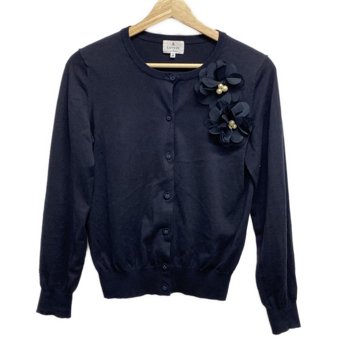 LANVIN en Bleu - LANVIN en Bleu(ランバンオンブルー) カーディガン サイズ38 M レディース美品  - アイボリー×黒 長袖/フェイクパール LANVIN en Bleu(ランバンオンブルー) カーディガン サイズ38 M