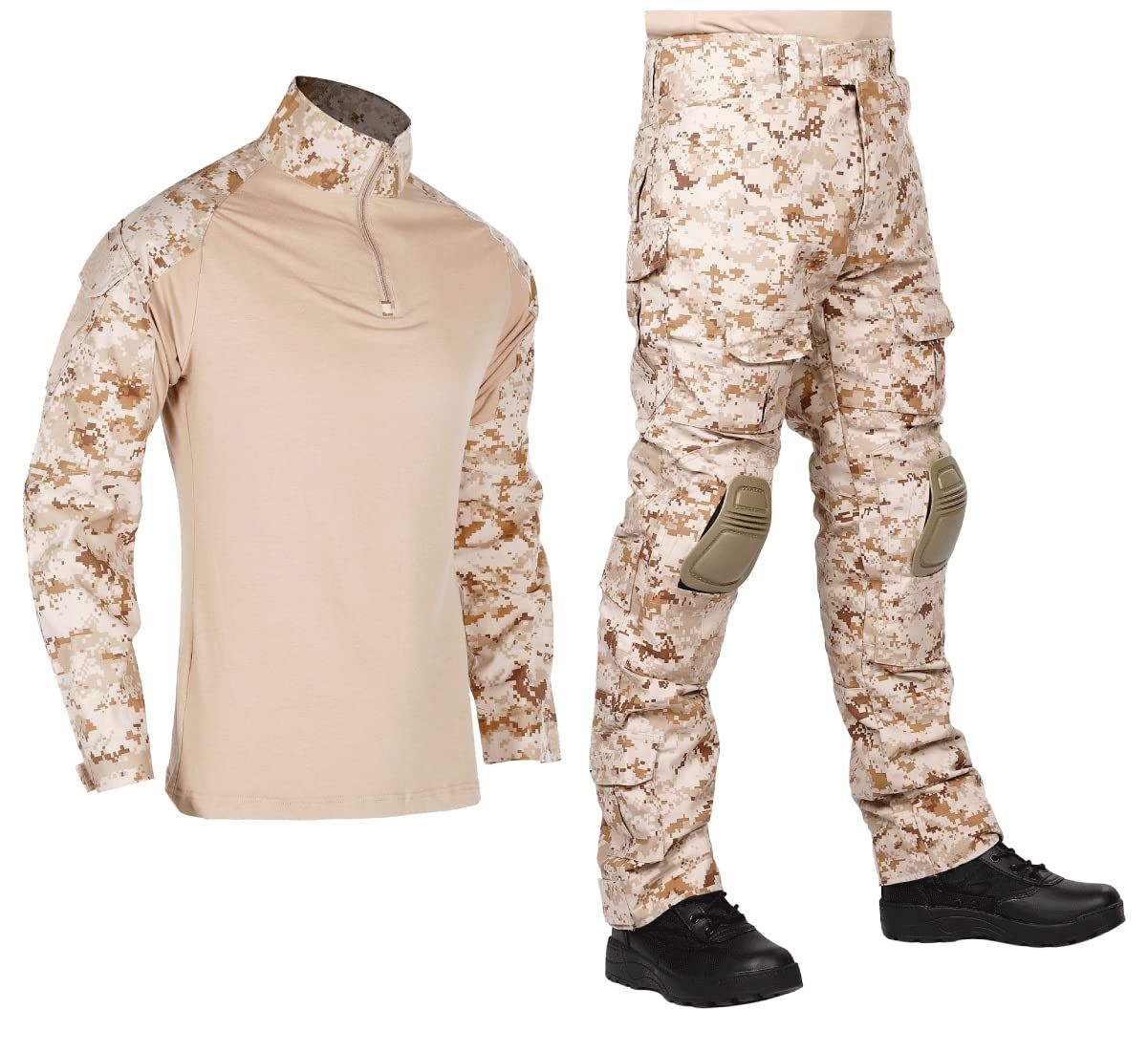 HEAT VOICE サバゲー 服 迷彩服 上下セット 装備 bdu 戦闘服 コンバットパンツ シャツ メンズ レディース ウェア 日本人サイズ エルボーパッド ニーパッド付き L ピクセルデザート