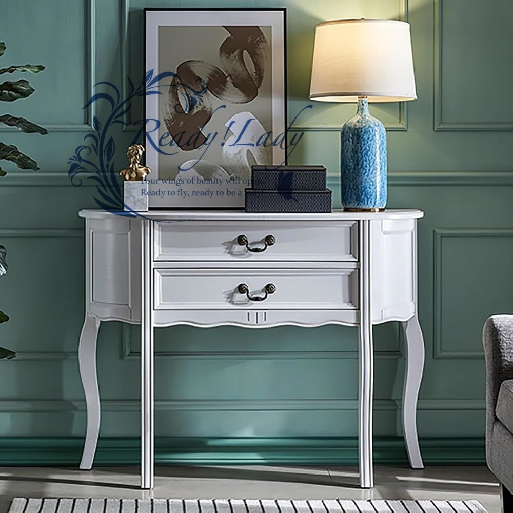 コンソールテーブル 玄関テーブル 無垢材 半円コンソールテーブル 密閉された引き出し収納2個付き 廊下テーブル 収納付き スリムソファテーブル リビング 玄関 キッチン ホワイト 80cm