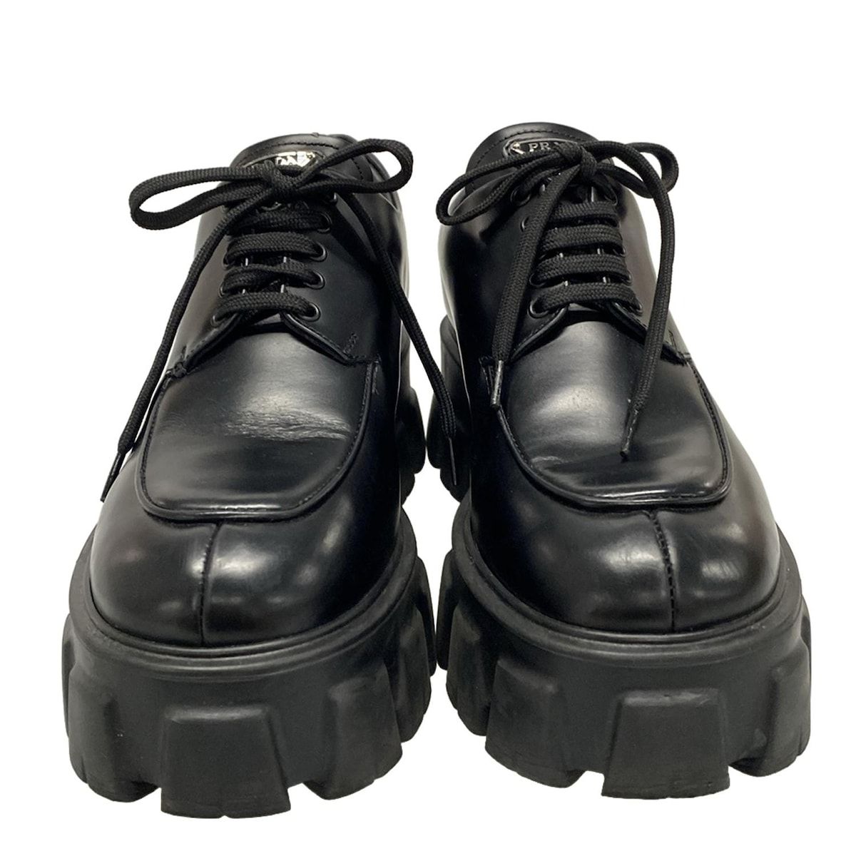PRADA モノリス ローファー 38 Prada MONOLITH Loafers Noir Leather Logo Italy Wmn's Ital 38