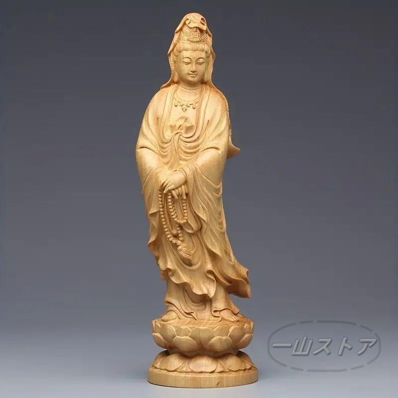 観音菩薩像 - 繊細な木彫りの仏像手作り木製観音像 1個